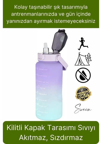 Premium 2 Lt Pipetli Kilitli Sızdırmaz Kapaklı Kamp Sağlıklı Motivasyon Suluk Matara Spor Su Şişesi