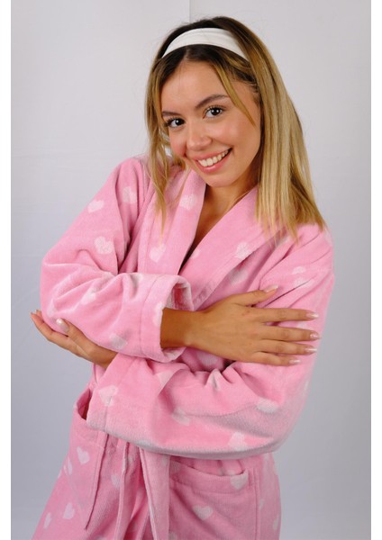 %100 Pamuk Şalyaka Pembe Kalpli Kadın Bornoz