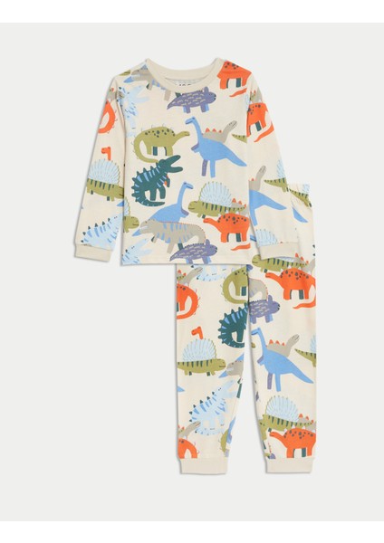 Saf Pamuklu Dinozor Desenli Pijama Takımı (1-8 Yaş)