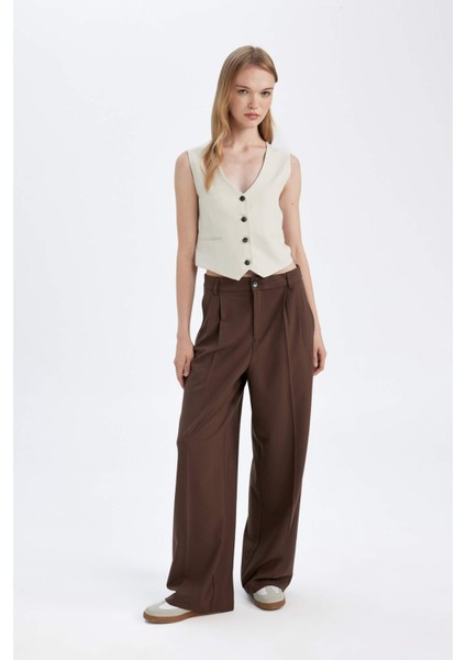 Klasik Kumaş Pantolon Wide Leg Geniş Bol Paça Fleto Cepli Yüksek Bel Standart Boy Basic Düz D8150AX24AU