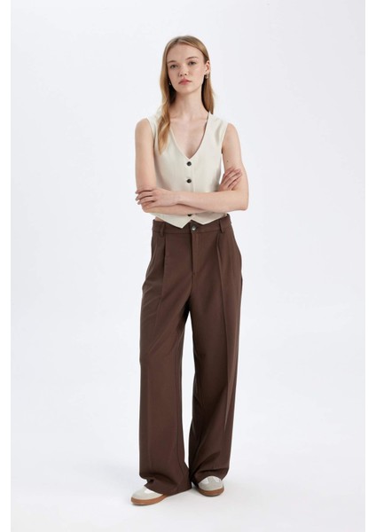 Klasik Kumaş Pantolon Wide Leg Geniş Bol Paça Fleto Cepli Yüksek Bel Standart Boy Basic Düz D8150AX24AU