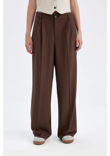 Klasik Kumaş Pantolon Wide Leg Geniş Bol Paça Fleto Cepli Yüksek Bel Standart Boy Basic Düz D8150AX24AU