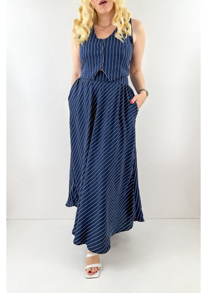 Beyaz Çizgili Lacivert Yelek Etek Takım fiyatları