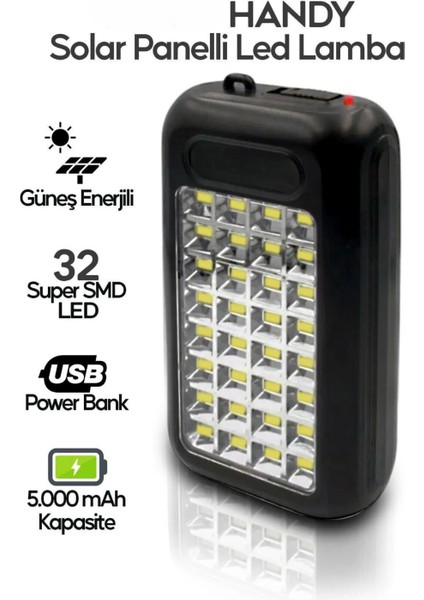 Güneş Panelli Handy Power Bank Özellikli Fener Işıldak 32 Süper Smd Ledli El Feneri Ev Kamp Outdoor Aydınlatma
