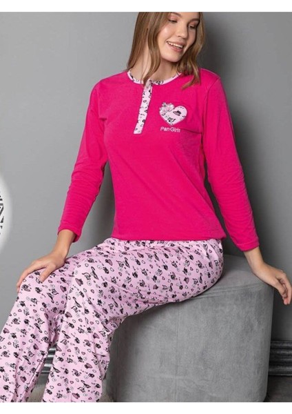 Den Tasarım Hadiyelik - Pangirls Desen Pembe Penye Pijama Takımı- M Beden