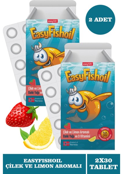 Easyfishoil Çocuk Çilek ve Limon Aromalı 30 Çiğneme Tableti 2 Adet