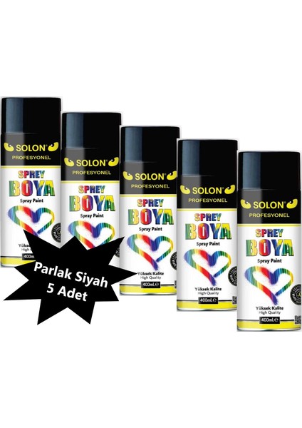 5 Adet Sprey Boya Parlak Siyah 400 ml