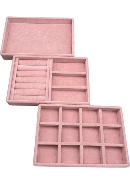Yerli Üretim Süet Kumaş Pembe Renk 3 Lü Takım Çekmeçe Içi Takı Standı
