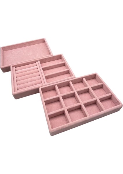 Yerli Üretim Süet Kumaş Pembe Renk 3 Lü Takım Çekmeçe Içi Takı Standı fiyatları