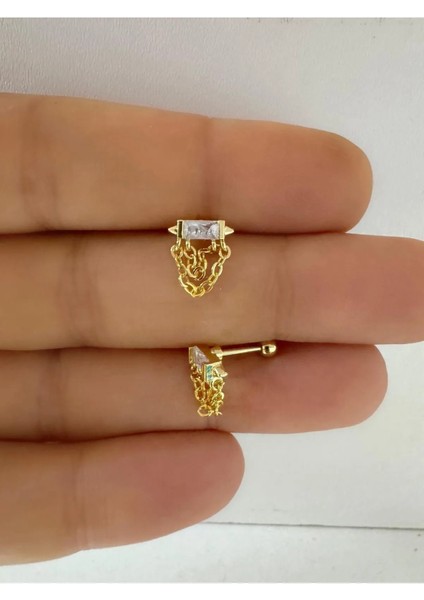 Baget Zirkon Taşlı Zincirli Tragus Helix Conch Lobe Uyumlu 1 Adet Piercing Küpe
