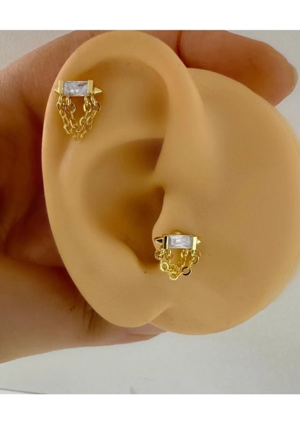 Baget Zirkon Taşlı Zincirli Tragus Helix Conch Lobe Uyumlu 1 Adet Piercing Küpe