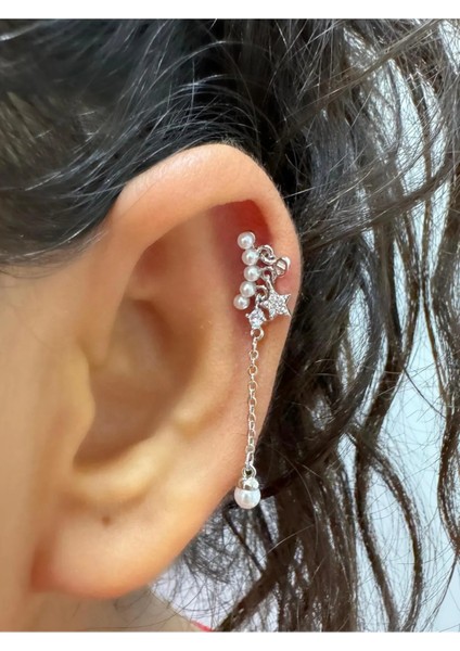 Incili Yıldız Inci Sallantılı Zincirli 1 Adet Helix Kıkırdak Lobe Uyumlu Halka Piercing Küpe fiyatları