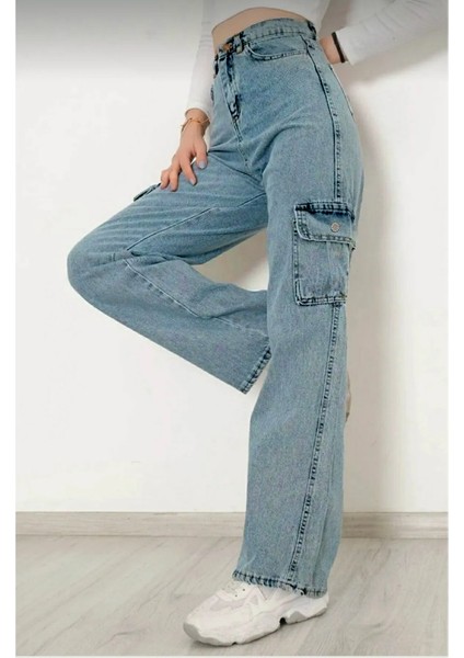 Kız Çocuk Pamuk Açık Mavi Yüksek Bel Wide Leg Geniş Paça Kargo Cepli Kot PANTOLON-PNT-2029-K