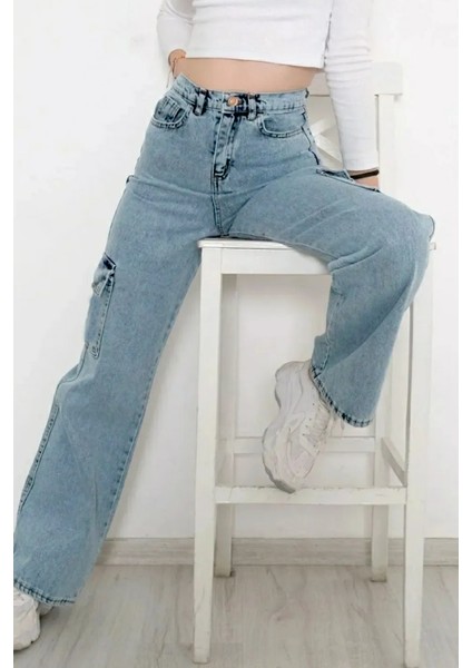 Kız Çocuk Pamuk Açık Mavi Yüksek Bel Wide Leg Geniş Paça Kargo Cepli Kot PANTOLON-PNT-2029-K fırsatları