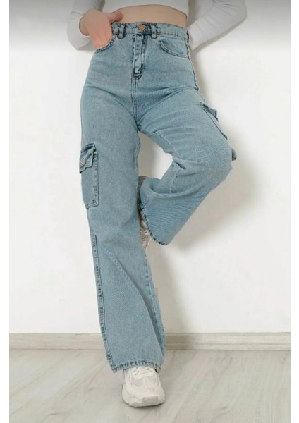 Kız Çocuk Pamuk Açık Mavi Yüksek Bel Wide Leg Geniş Paça Kargo Cepli Kot PANTOLON-PNT-2029-K indirimleri