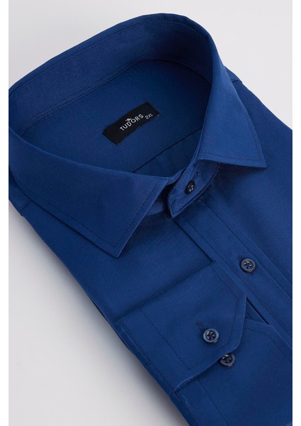 Erkek Big Size Büyük Beden Pamuklu Tek Cepli Saten Lacivert Gömlek