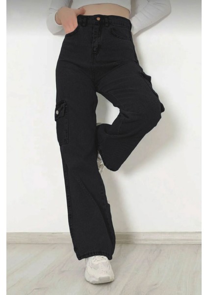 Kız Çocuk %100 Pamuk Yüksek Bel Wide Leg Kargo Cepli Siyah Kot PANTOLON-PNT-2029-K fiyatları