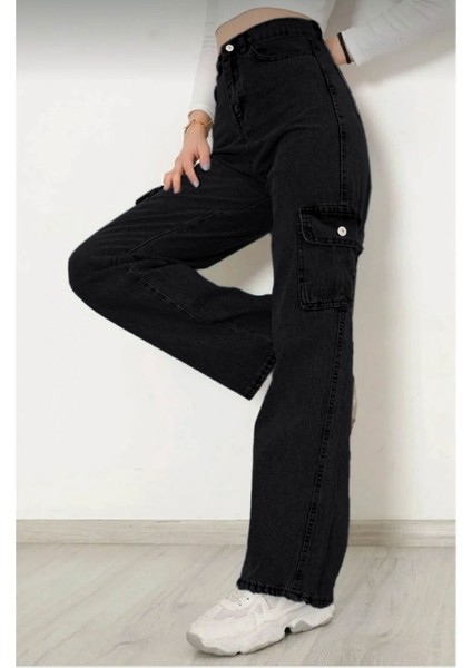 Kız Çocuk %100 Pamuk Yüksek Bel Wide Leg Kargo Cepli Siyah Kot PANTOLON-PNT-2029-K fırsatları