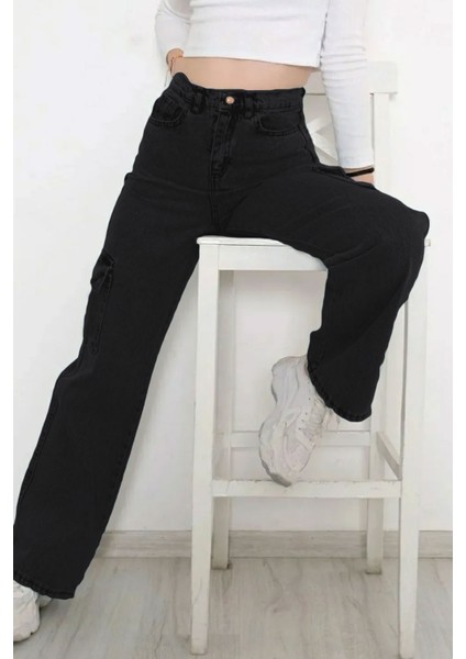 Kız Çocuk %100 Pamuk Yüksek Bel Wide Leg Kargo Cepli Siyah Kot PANTOLON-PNT-2029-K indirimleri