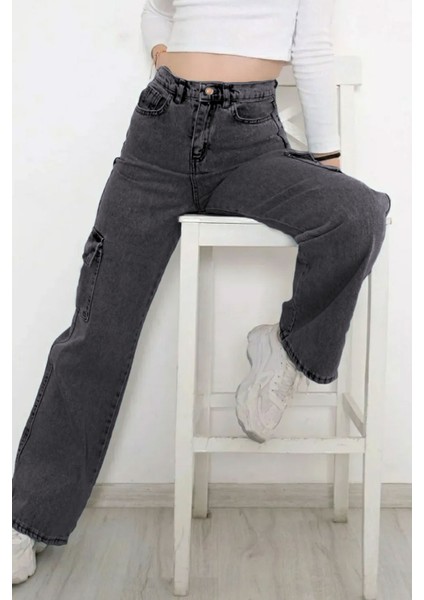 Kız Çocuk %100 Pamuk Yüksek Bel Wide Leg Kargo Cepli Füme Gri Kot PANTOLON-PNT-2029-K