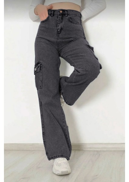 Kız Çocuk %100 Pamuk Yüksek Bel Wide Leg Kargo Cepli Füme Gri Kot PANTOLON-PNT-2029-K fiyatları