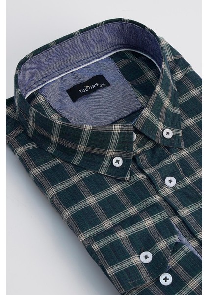 Erkek Big Size Büyük Beden Pamuklu Küçük Kareli Düğmeli Yaka Gömlek