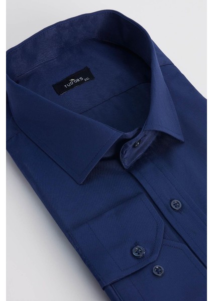 Erkek Big Size Büyük Beden Pamuklu Tek Cepli Saten Lacivert Gömlek