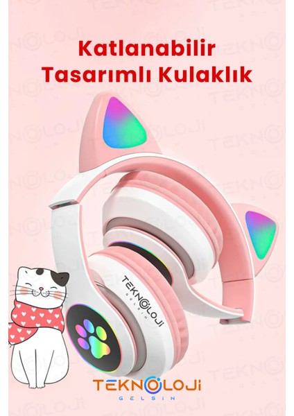 Arell Teknoloji Lila Bluetooth 5.0 Mikrofonlu Kablosuz Yüksek Ses Akıllı LED Işıklı Kedi Patili Rgb Mor Kulaklık fiyatları