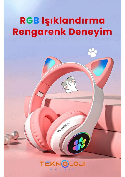 Arell Teknoloji Lila Bluetooth 5.0 Mikrofonlu Kablosuz Yüksek Ses Akıllı LED Işıklı Kedi Patili Rgb Mor Kulaklık fırsatları