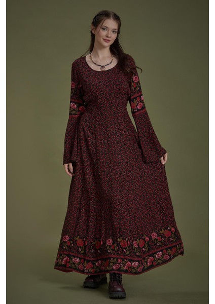 Siyah Defne Kayık Yaka Belden Bağlamalı Ispanyol Kol Kadın Elbise