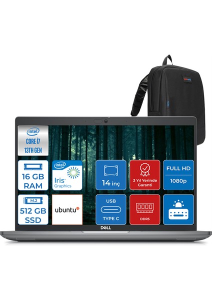 Latitude 5440 Intel Core Vpro I7-1370P 16GB Ddr5 512GB SSD 14" IPS Fhd Ubuntu 544014EMEAVPU01 + Zettaçanta