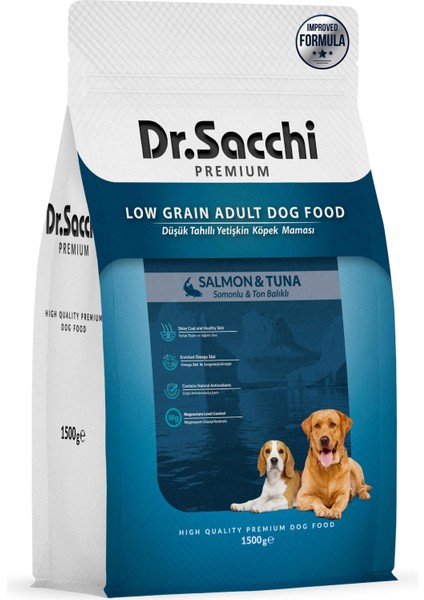 Premium Düşük Tahıllı Somonlu ve Ton Balıklı Yetişkin Köpek Maması 1,5 kg