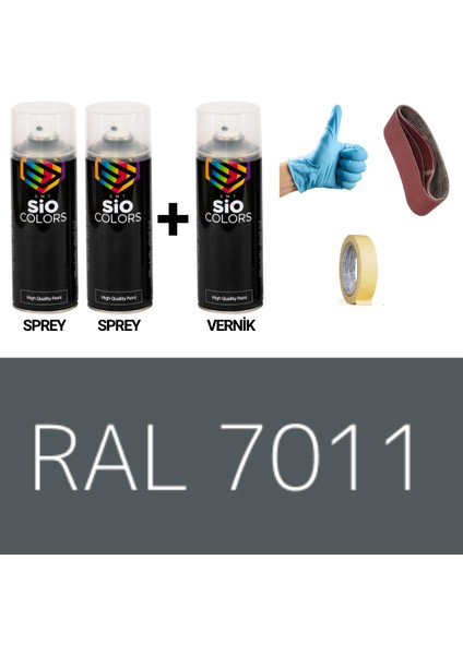 2 Adet Sprey + 1 Adet Vernik Demir Gri RAL-7011 Sprey Boya Seti 400 Ml+Zımpara+Kağıtbant+Eldiven