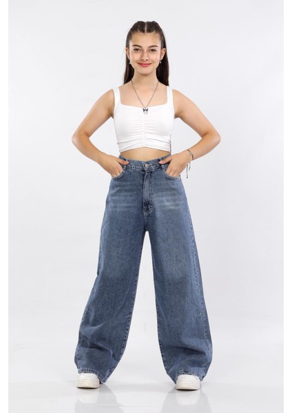 Kız Çocuk %100 Pamuk Baggy Fit Wide Leg Kot PANTOLON-PNT-2046