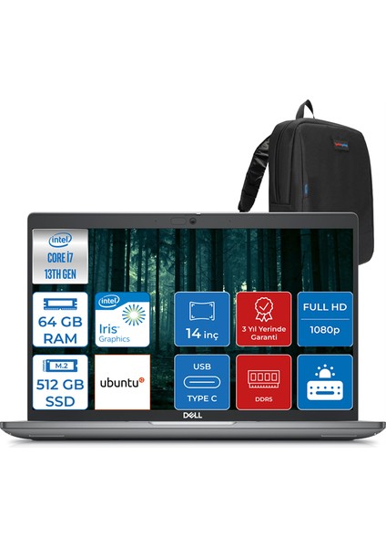 Latitude 5440 Intel Core Vpro I7-1370P 64GB Ddr5 512GB SSD 14" IPS Fhd Ubuntu 544014EMEAVPU06 + Zettaçanta