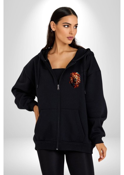 Renkli Kaplan Kükrüyor Kadın Erkek Siyah Renk Kapüşonlu Kanguru Cepli Fermuarlı Pamuklu Oversize Dijital Baskılı Hırka Sweatshirt