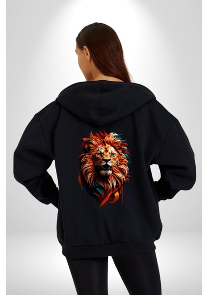 Renkli Kaplan Kükrüyor Kadın Erkek Siyah Renk Kapüşonlu Kanguru Cepli Fermuarlı Pamuklu Oversize Dijital Baskılı Hırka Sweatshirt modelleri