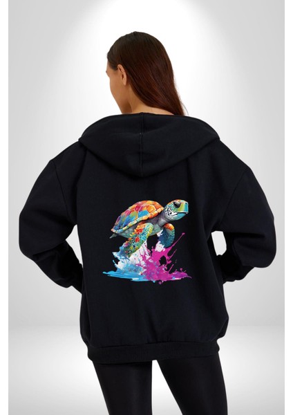 Renkli Kaplumbağa Karetta Kareta Kadın Erkek Siyah Renk Kapüşonlu Kanguru Cepli Fermuarlı Pamuklu Oversize Dijital Baskılı Hırka Sweatshirt