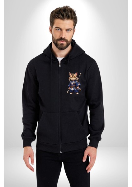 Japon Samuray Kılınç Kadın Erkek Siyah Renk Kapüşonlu Kanguru Cepli Fermuarlı Pamuklu Oversize Dijital Baskılı Hırka Sweatshirt