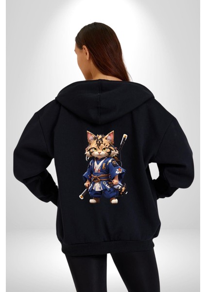 Japon Samuray Kılınç Kadın Erkek Siyah Renk Kapüşonlu Kanguru Cepli Fermuarlı Pamuklu Oversize Dijital Baskılı Hırka Sweatshirt modelleri