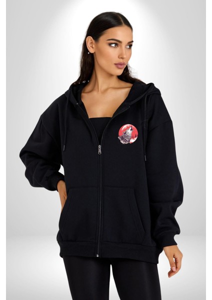 Uluyan Beyaz Kurt Kadın Erkek Siyah Renk Kapüşonlu Kanguru Cepli Fermuarlı Pamuklu Oversize Dijital Baskılı Hırka Sweatshirt