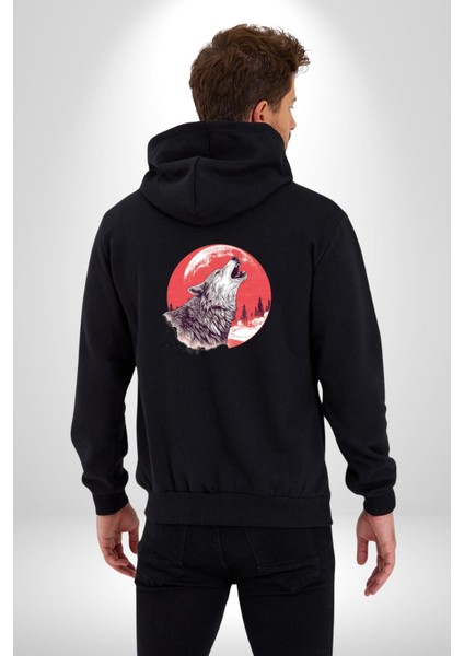 Uluyan Beyaz Kurt Kadın Erkek Siyah Renk Kapüşonlu Kanguru Cepli Fermuarlı Pamuklu Oversize Dijital Baskılı Hırka Sweatshirt fiyatları