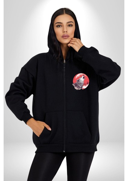 Uluyan Beyaz Kurt Kadın Erkek Siyah Renk Kapüşonlu Kanguru Cepli Fermuarlı Pamuklu Oversize Dijital Baskılı Hırka Sweatshirt indirimleri