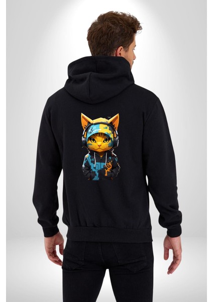 Bandana Kedi Kulaklık Çeket Kadın Erkek Siyah Renk Kapüşonlu Kanguru Cepli Fermuarlı Pamuklu Oversize Dijital Baskılı Hırka Sweatshirt fiyatları