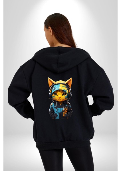 Bandana Kedi Kulaklık Çeket Kadın Erkek Siyah Renk Kapüşonlu Kanguru Cepli Fermuarlı Pamuklu Oversize Dijital Baskılı Hırka Sweatshirt modelleri