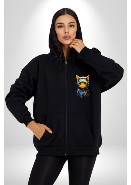Bandana Kedi Kulaklık Çeket Kadın Erkek Siyah Renk Kapüşonlu Kanguru Cepli Fermuarlı Pamuklu Oversize Dijital Baskılı Hırka Sweatshirt indirimleri