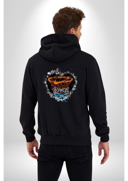 Basketbol Potası Bulutlu Siyah Kadın Erkek Siyah Renk Kapüşonlu Kanguru Cepli Fermuarlı Pamuklu Oversize Dijital Baskılı Hırka Sweatshirt fiyatları