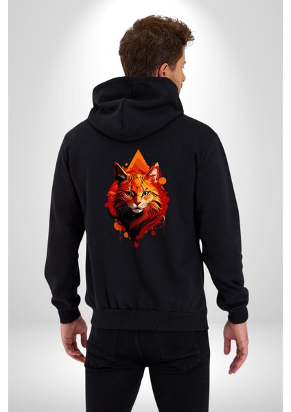 Renkli Sarı Kırmızı Kedi Kadın Erkek Siyah Renk Kapüşonlu Kanguru Cepli Fermuarlı Pamuklu Oversize Dijital Baskılı Hırka Sweatshirt