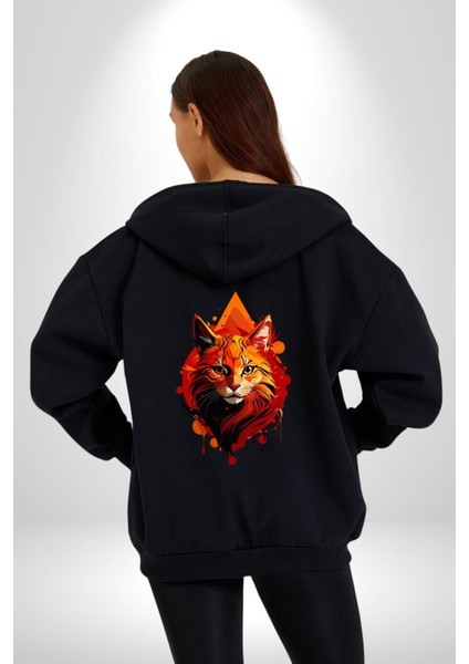 Renkli Sarı Kırmızı Kedi Kadın Erkek Siyah Renk Kapüşonlu Kanguru Cepli Fermuarlı Pamuklu Oversize Dijital Baskılı Hırka Sweatshirt