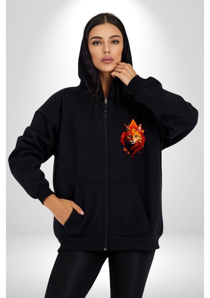 Renkli Sarı Kırmızı Kedi Kadın Erkek Siyah Renk Kapüşonlu Kanguru Cepli Fermuarlı Pamuklu Oversize Dijital Baskılı Hırka Sweatshirt